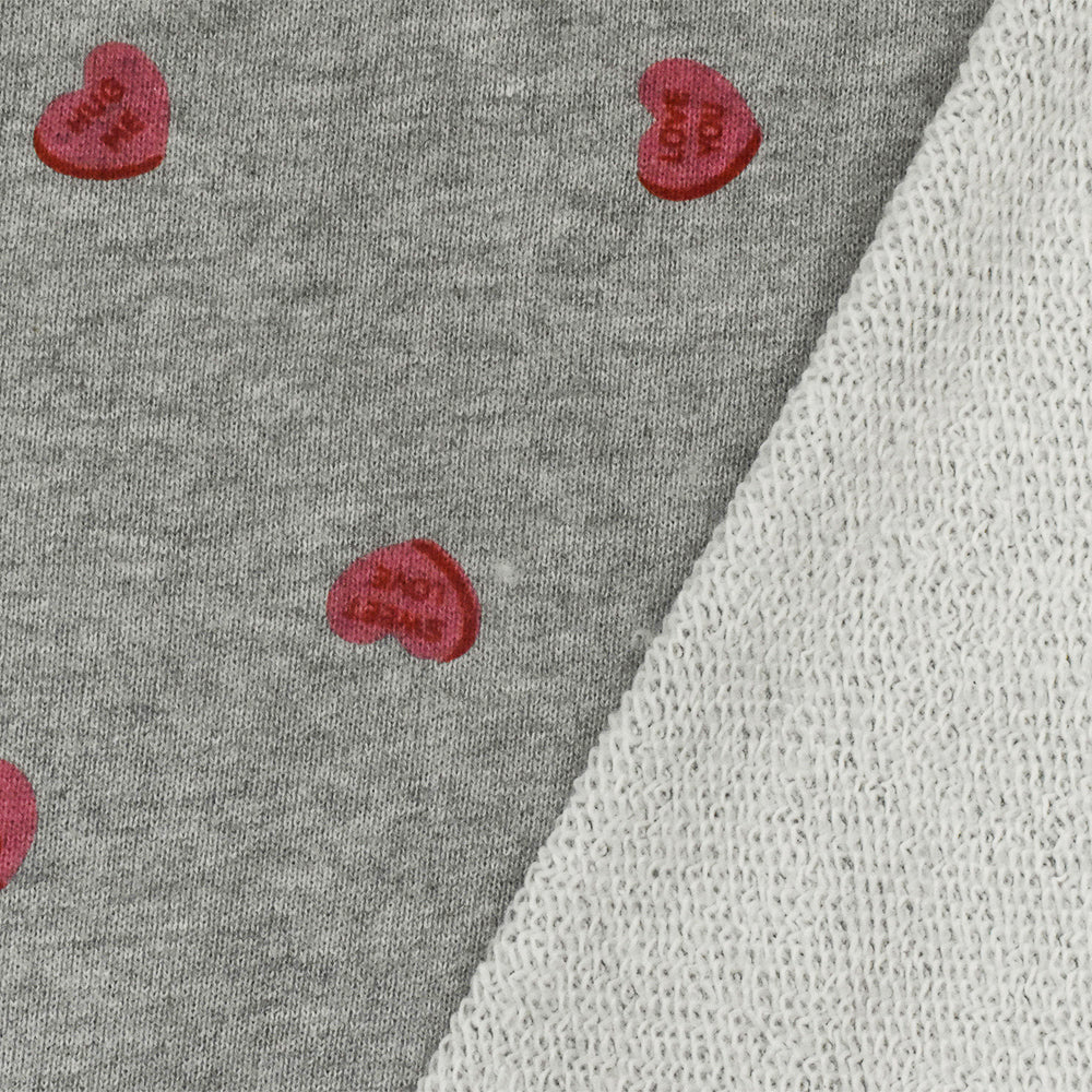 Heather Gray-Red-Pink Heart Printed Cotton French Terry Knit Fabric