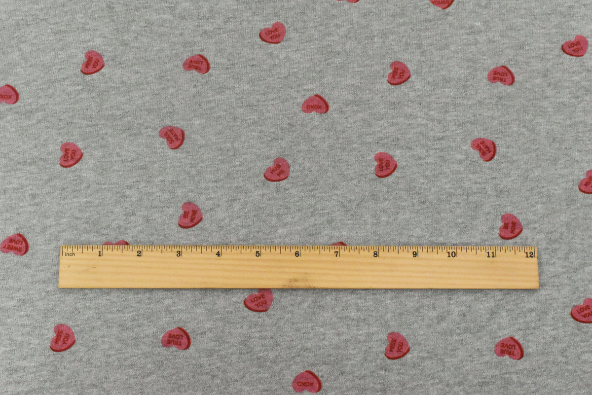 Heather Gray-Red-Pink Heart Printed Cotton French Terry Knit Fabric