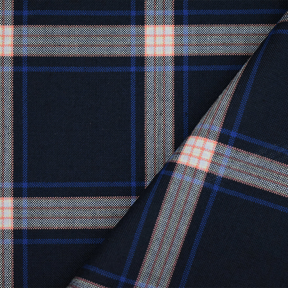 Deep Navy-Orange-Multi Polyester Wool Plaid Shirting Woven Fabric