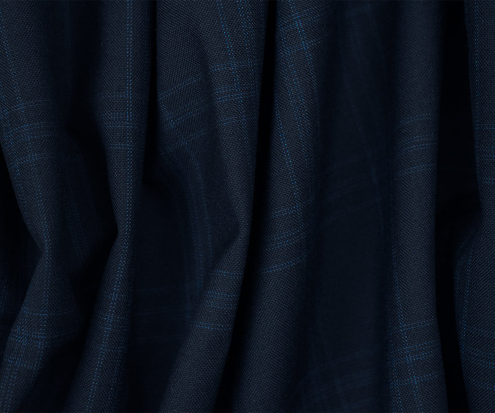 Deep Navy-Blue Wool Poly Check Plaid Woven Shirting Woven Fabric