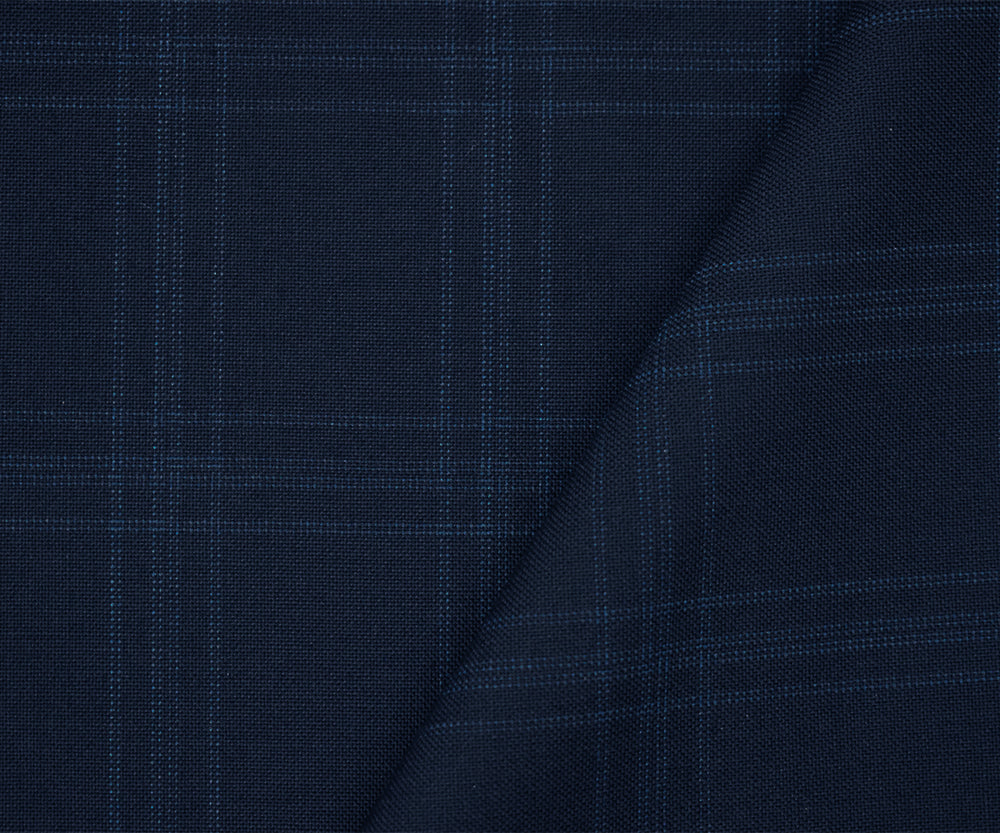 Deep Navy-Blue Wool Poly Check Plaid Woven Shirting Woven Fabric