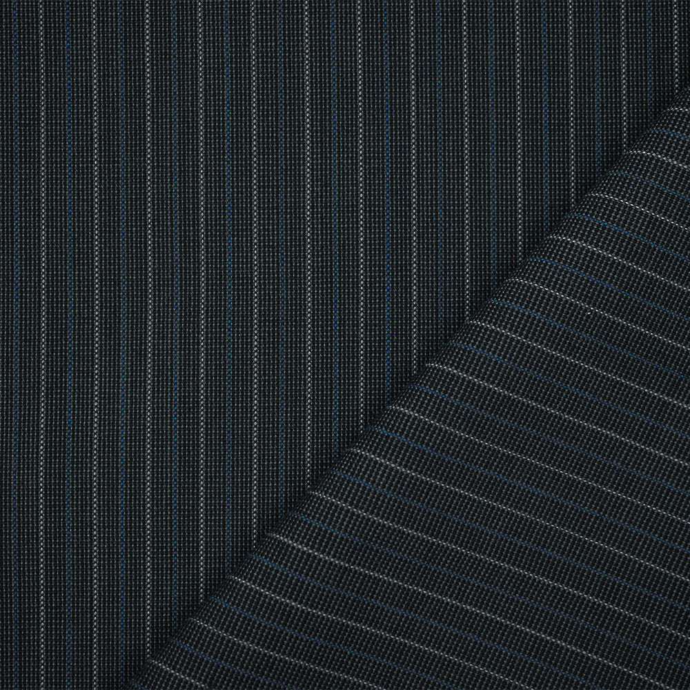 Black-Gray-Blue Polyester Wool Striped Woven Shirting Fabric