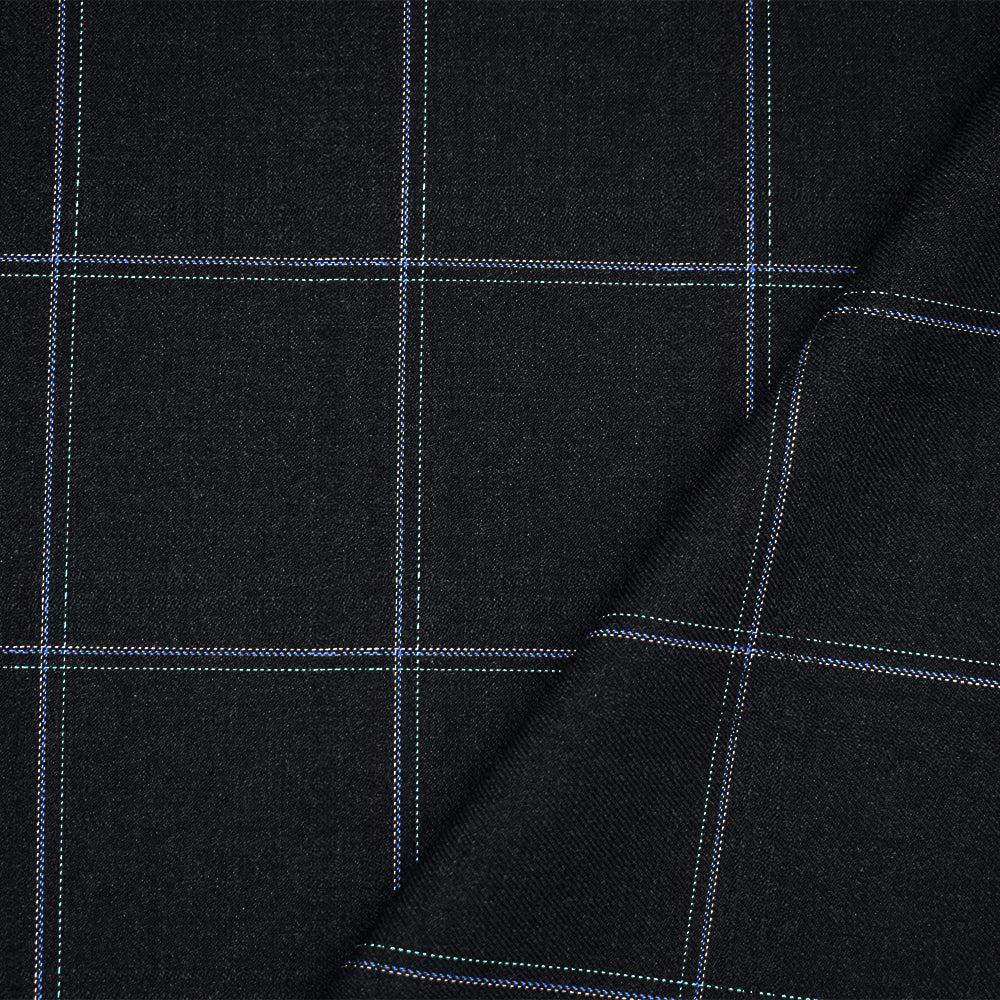 Black-Pink-Blue Polyester Wool Grid Plaid Twill Woven Shirting Fabric