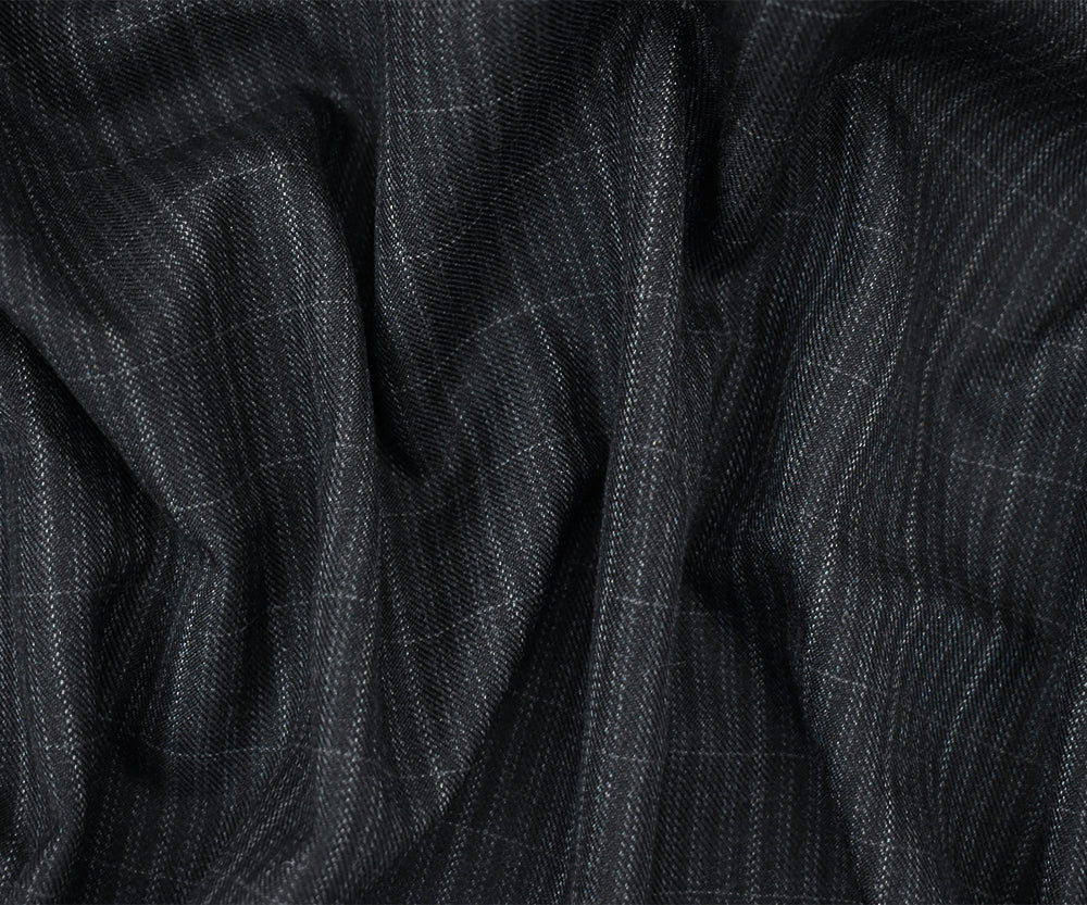 Black-Gray Polyester Wool Plaid Striped Pattern Twill Suiting Fabric