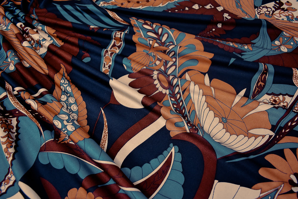 Brown-Teal-Multi Leaves Pattern Printed Stretch Silk Jersey Knit Fabric