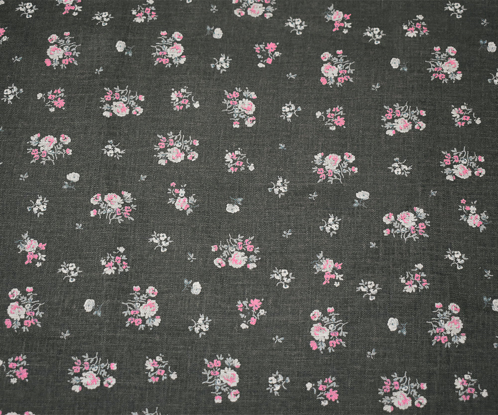 Ash Black-Pink-Multi Floral Ditsy Printed Linen Woven Fabric