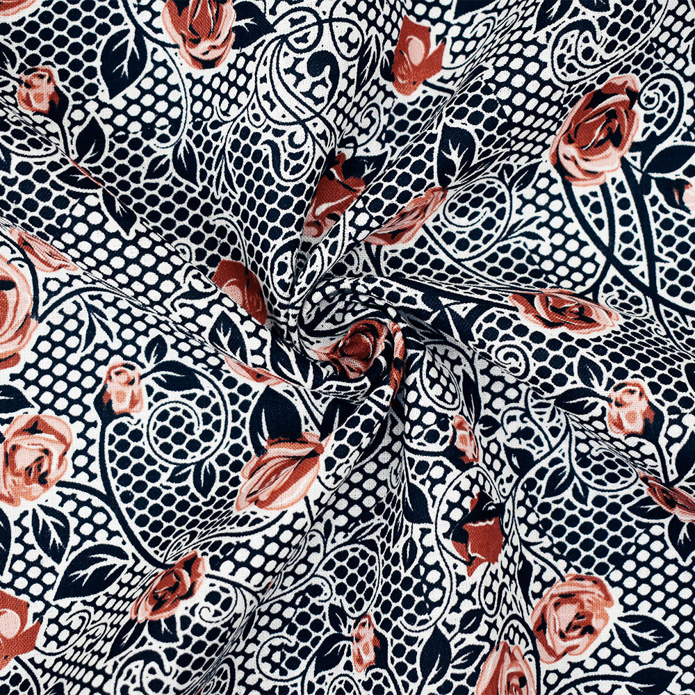 Navy-Peach-Orange Floral Mesh Pattern Printed Linen Woven Fabric