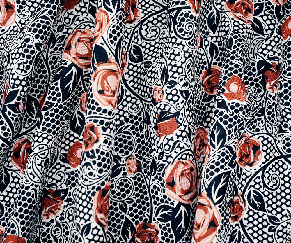 Navy-Peach-Orange Floral Mesh Pattern Printed Linen Woven Fabric