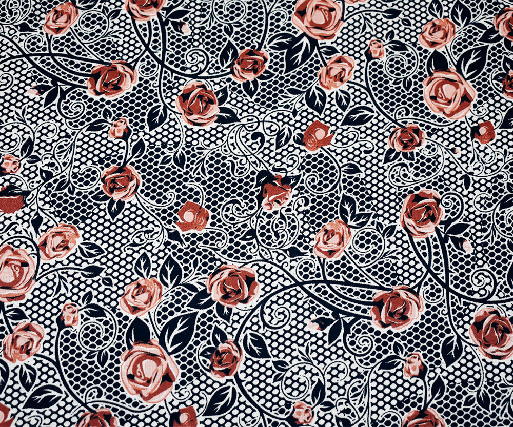 Navy-Peach-Orange Floral Mesh Pattern Printed Linen Woven Fabric