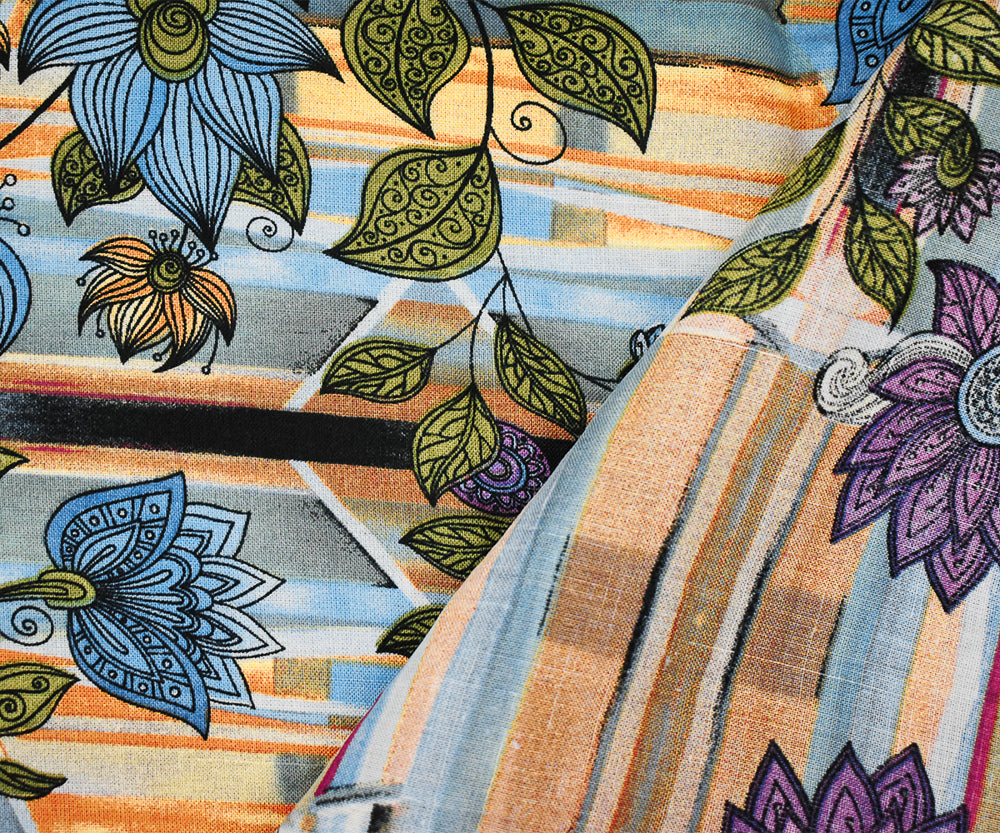 Blue-Yellow-Multi Floral Stripe Printed Linen Woven Fabric