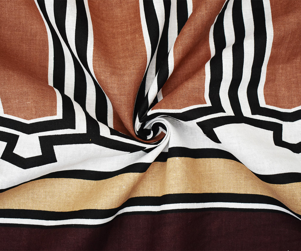 Brown-Beige-Multi Abstract Aztec Pattern Printed Linen Woven Fabric