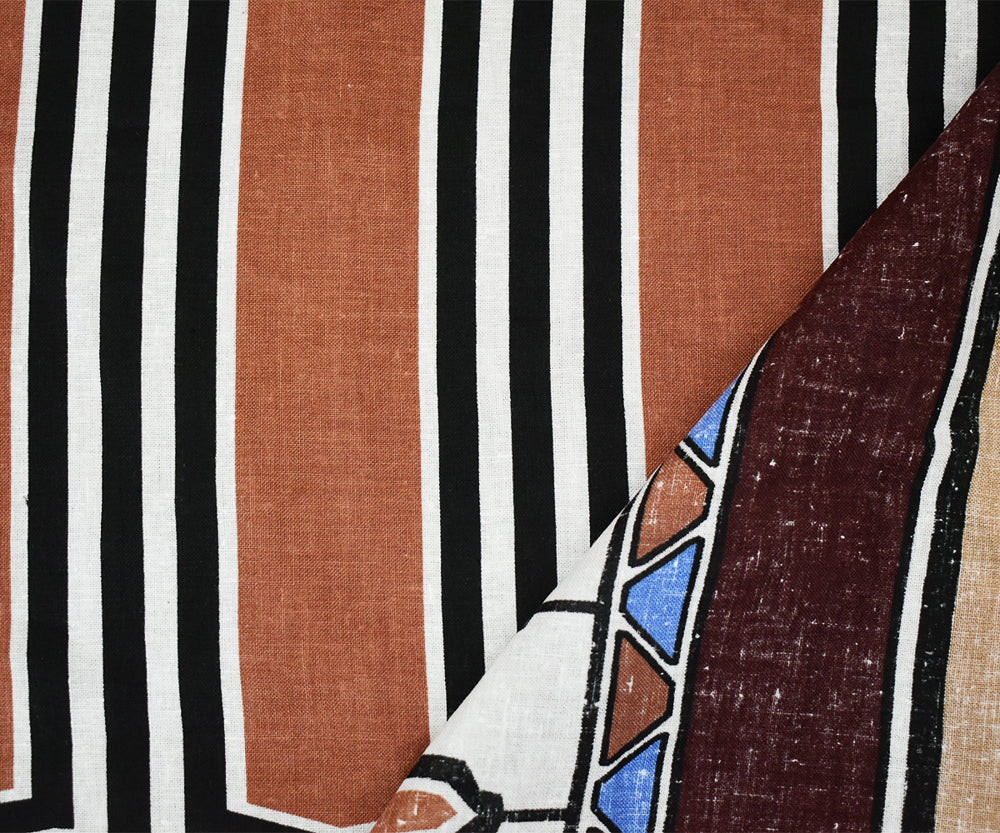 Brown-Beige-Multi Abstract Aztec Pattern Printed Linen Woven Fabric