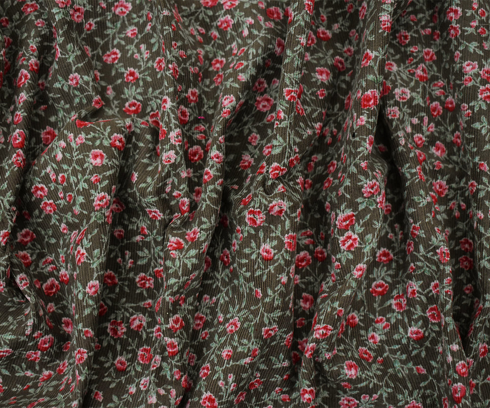 Brown-Red-Green Cotton Floral Corduroy Woven Fabric