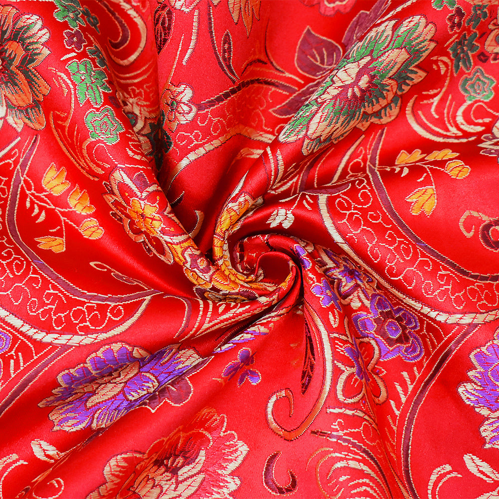 Red-Yellow-Multi Polyester Floral Chinese Brocade Woven Fabric