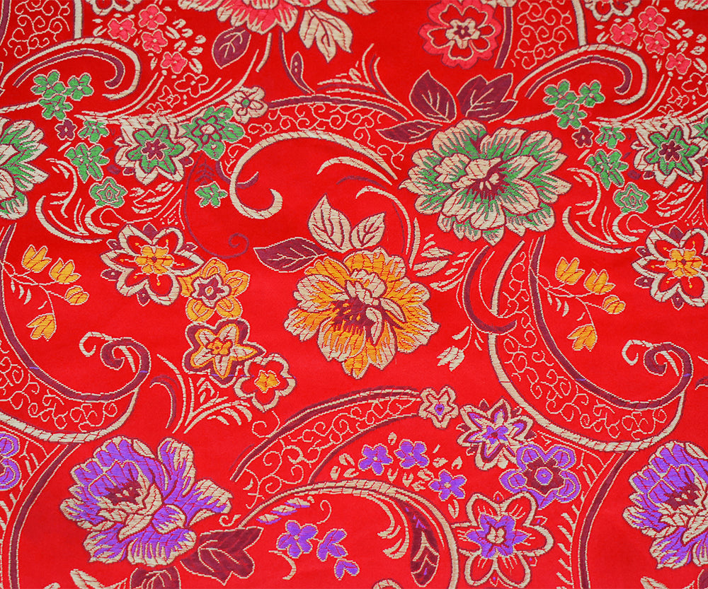 Red-Yellow-Multi Polyester Floral Chinese Brocade Woven Fabric