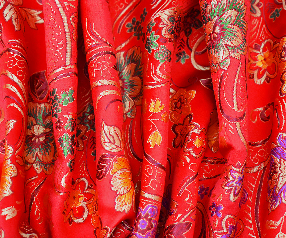 Red-Yellow-Multi Polyester Floral Chinese Brocade Woven Fabric