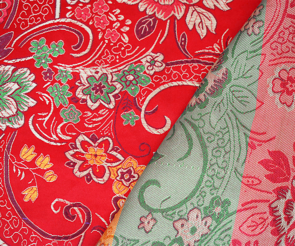 Red-Yellow-Multi Polyester Floral Chinese Brocade Woven Fabric