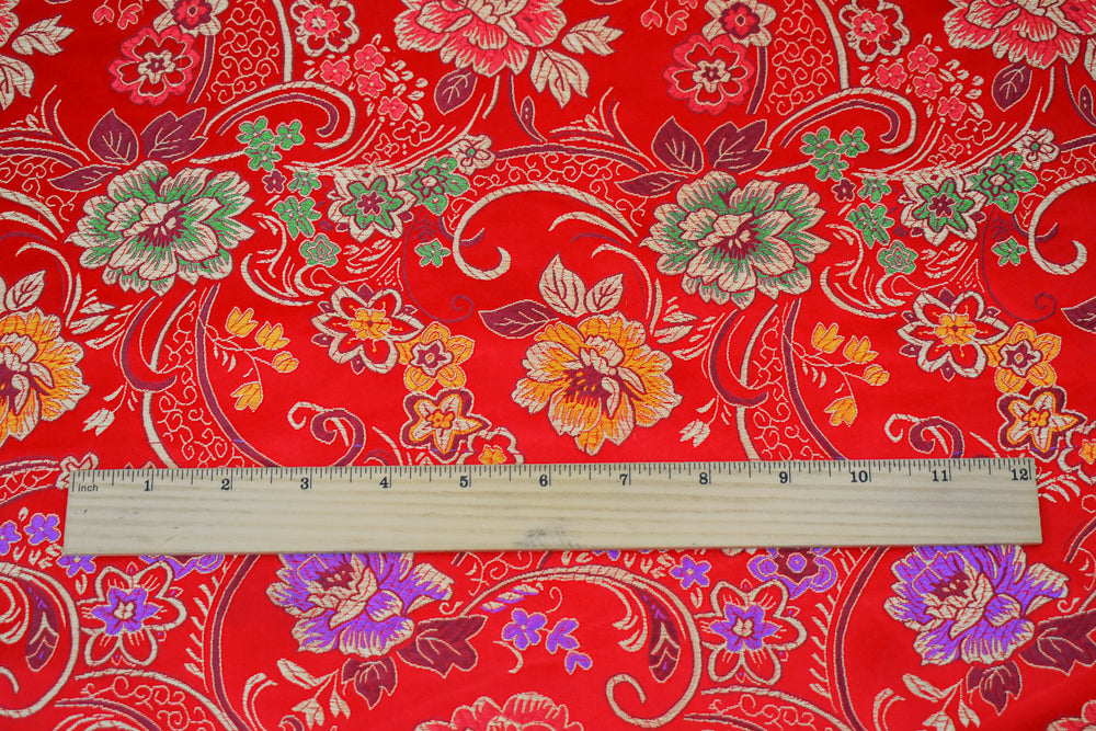 Red-Yellow-Multi Polyester Floral Chinese Brocade Woven Fabric