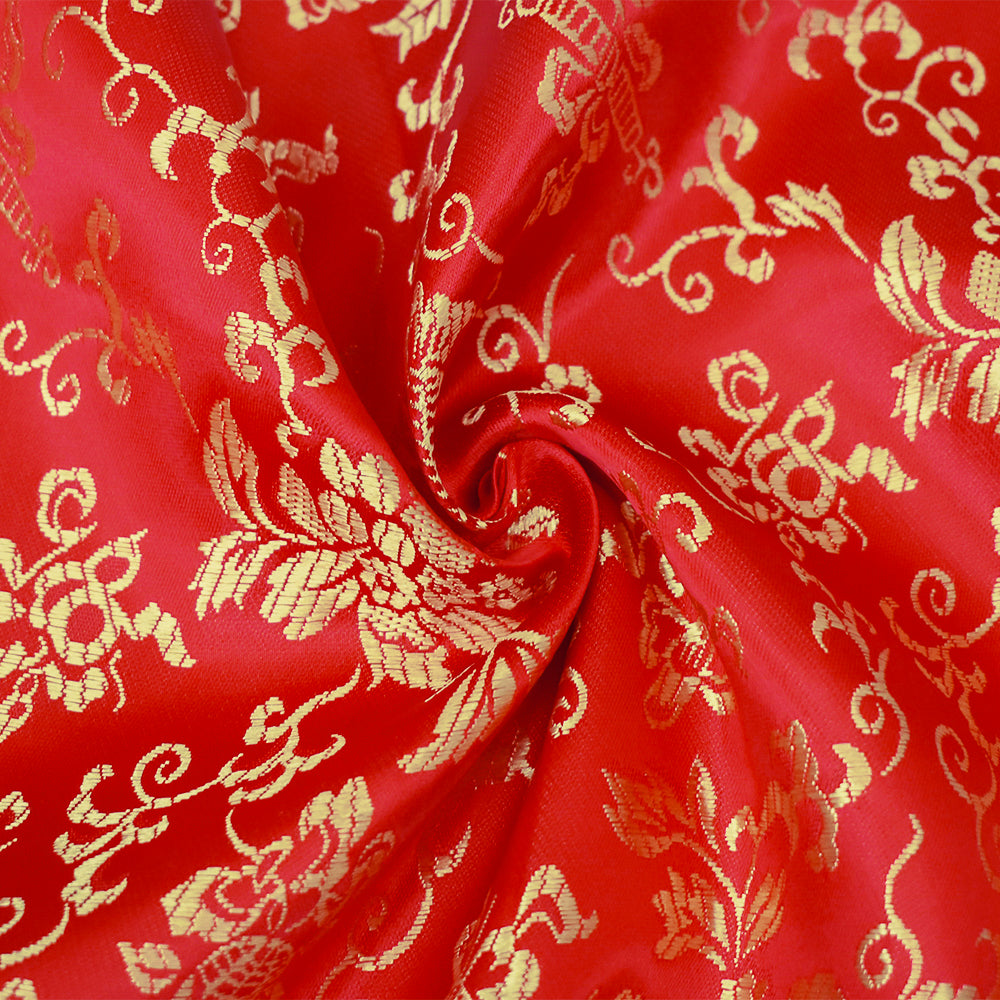 Red-Yellow Polyester Floral Pattern Chinese Brocade Woven Fabric