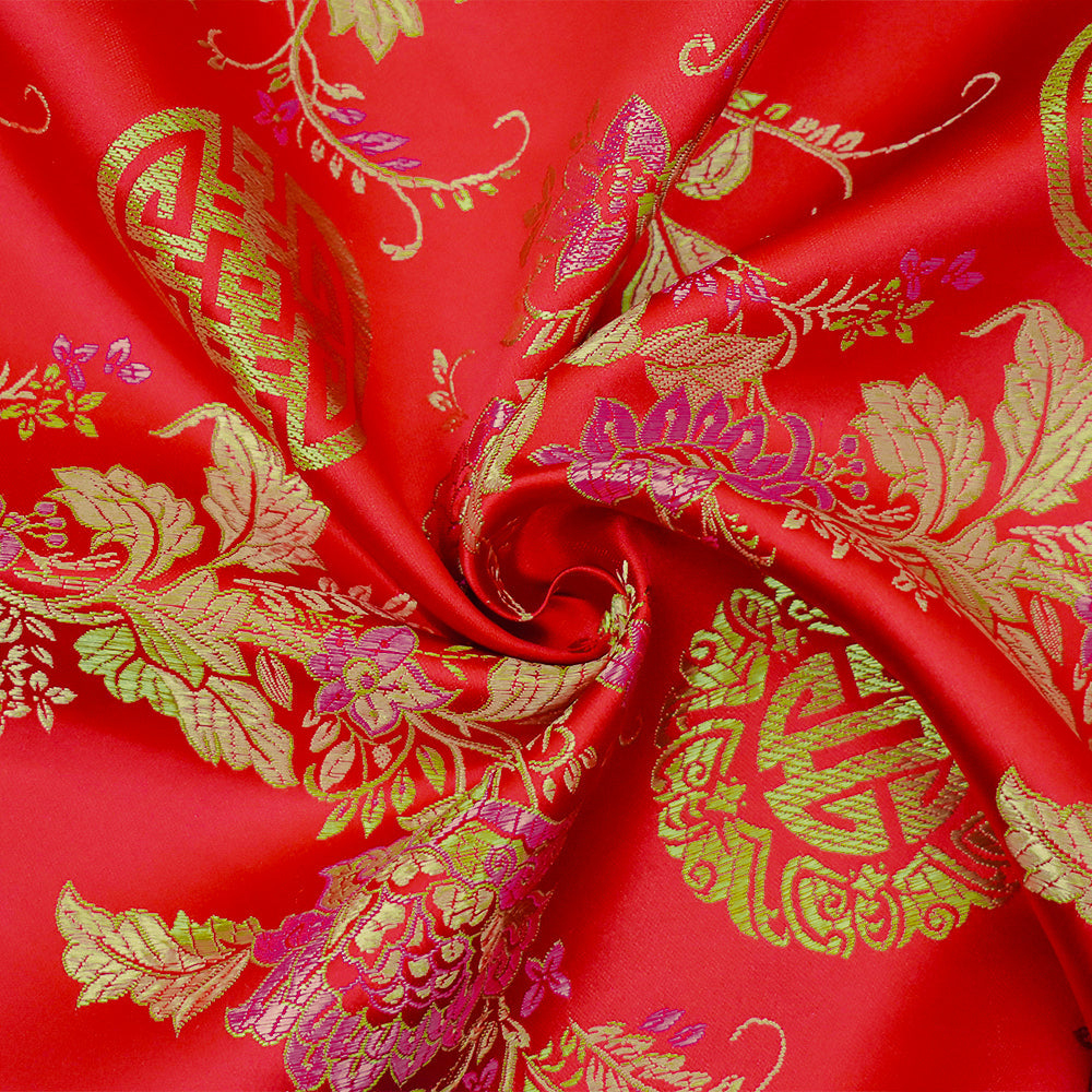 Red-Pink-Multi Polyester Floral Chinese Brocade Woven Fabric