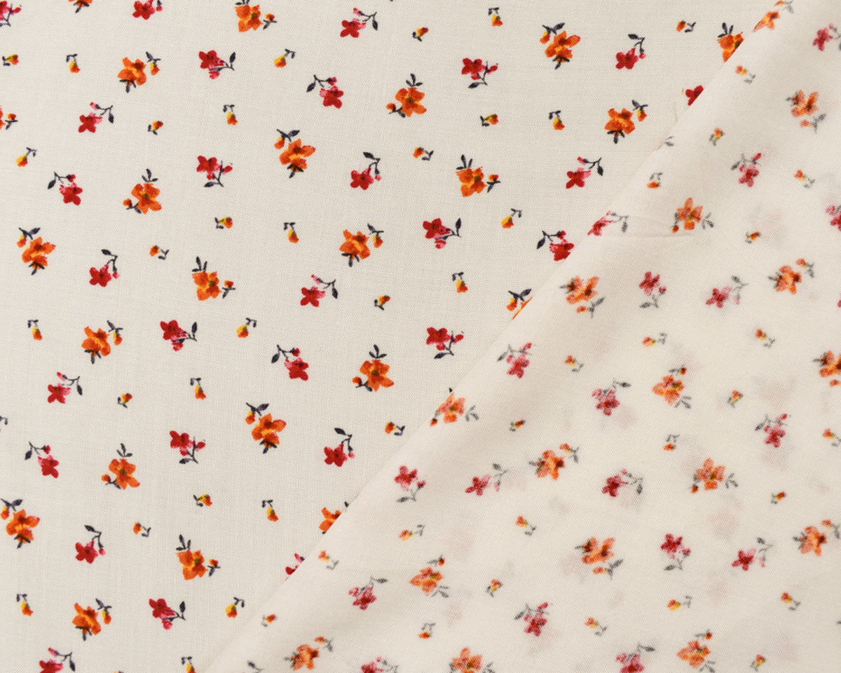 White-Orange-Multi Rayon Ditsy Floral Printed Challis Woven Fabric