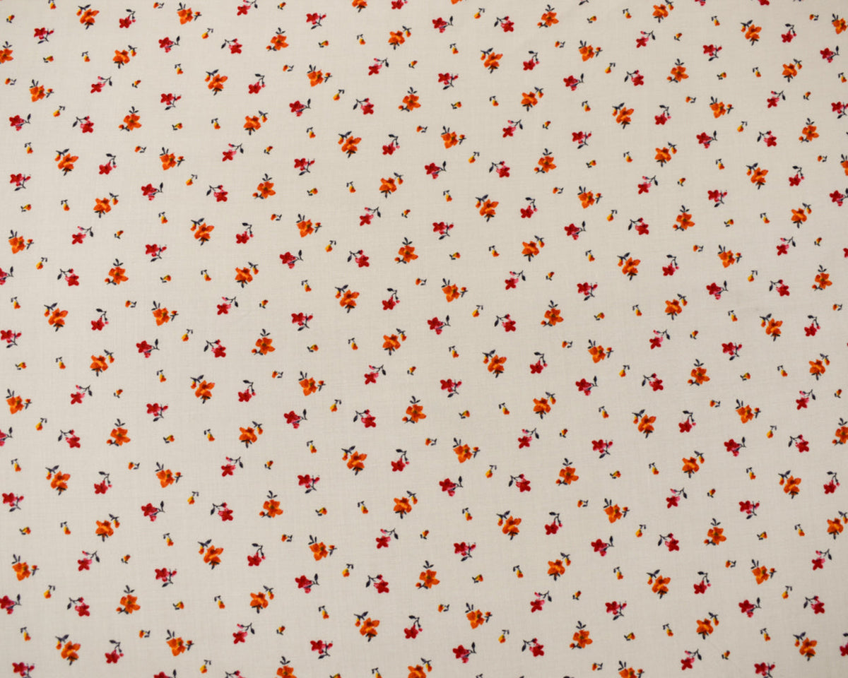 White-Orange-Multi Rayon Ditsy Floral Printed Challis Woven Fabric