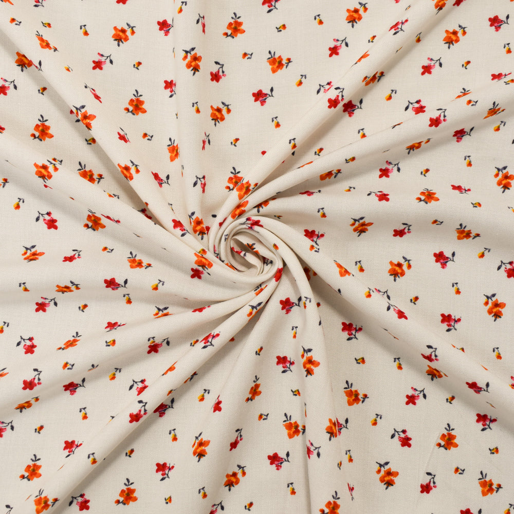 White-Orange-Multi Rayon Ditsy Floral Printed Challis Woven Fabric