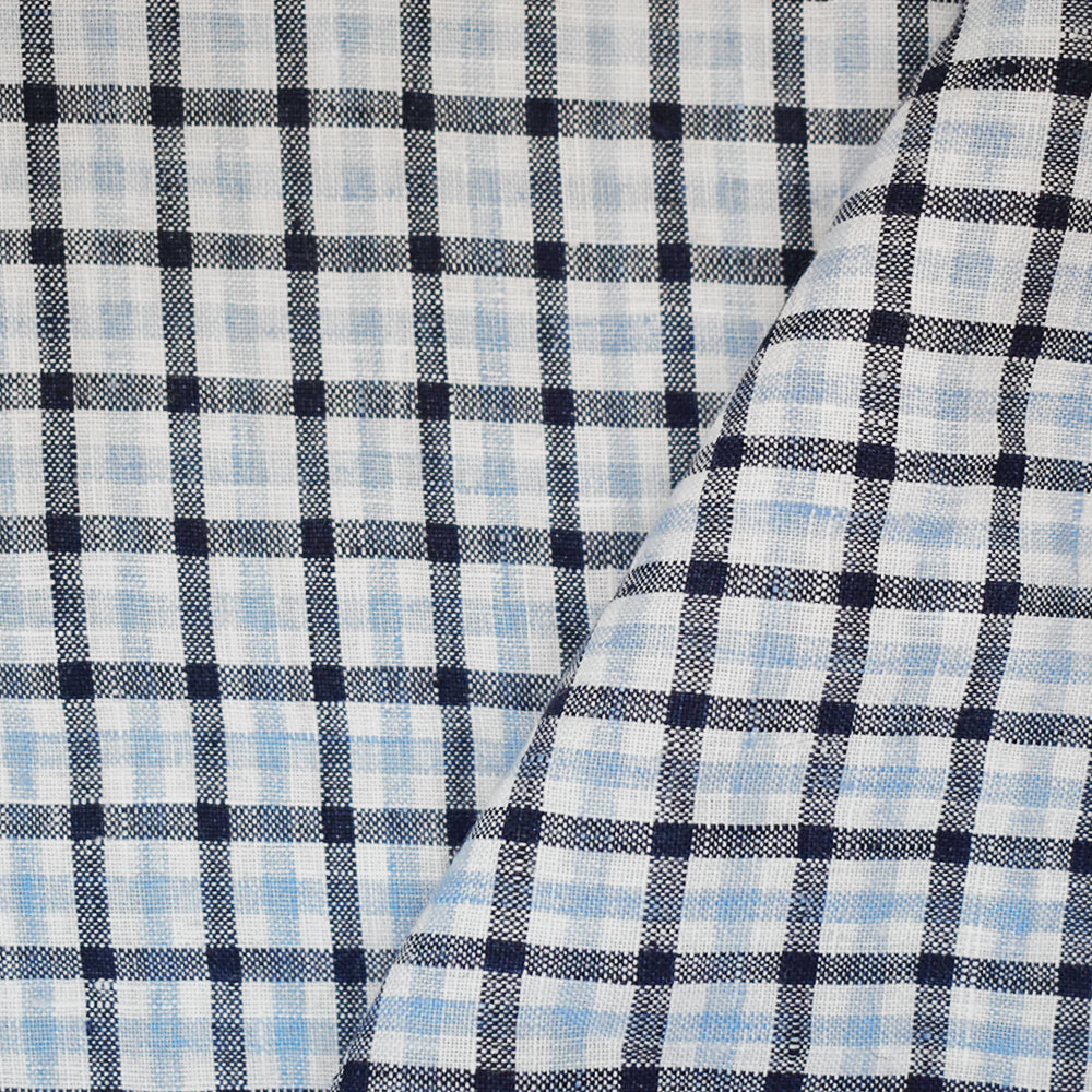 Dark Blue-White Spence Bryson Washed Gingham Plaid Irish Linen Woven Fabric