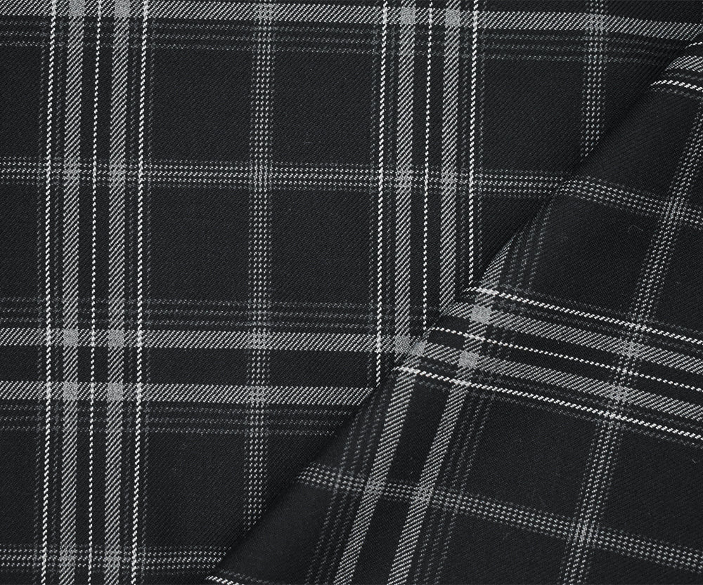 Black-White-Gray Wool-Poly Plaid Twill Suiting WovenFabric