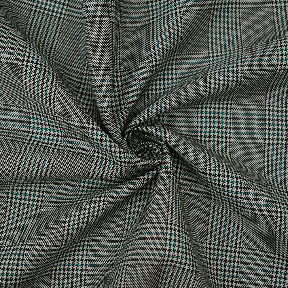 Black-Off-White-Green Poly-Wool Glen Plaid Check Suiting Woven Fabric