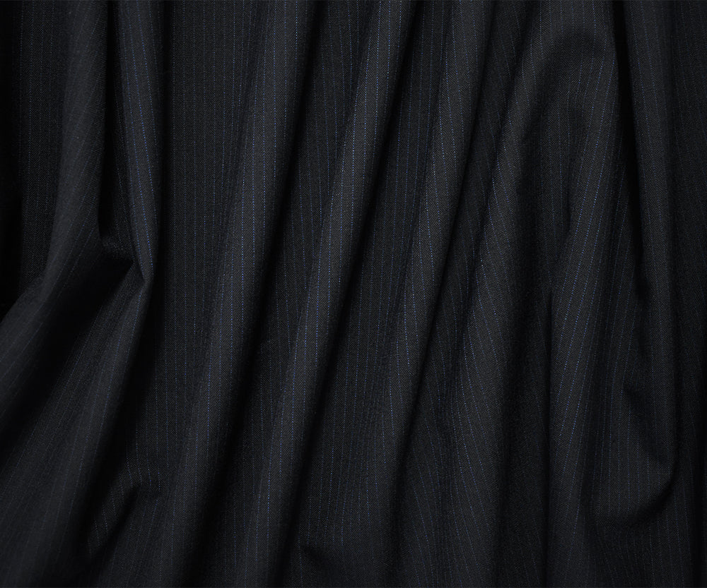 Black-Blue Wool-Polyester Japanese Vertical Stripe Shirting Woven Fabric
