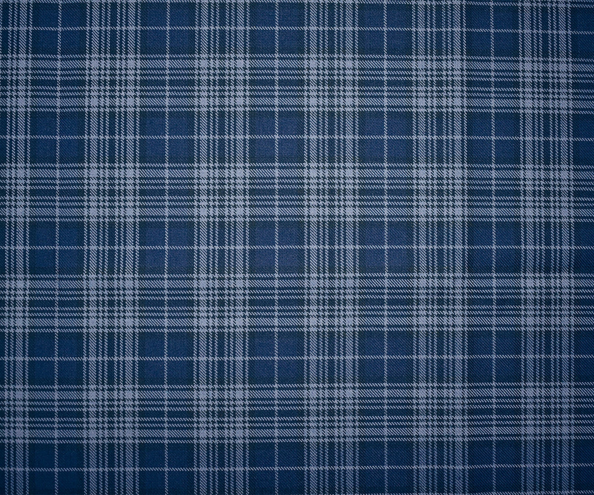 Blue-Black Wool-Polyester Plaid Woven Twill Suiting Fabric
