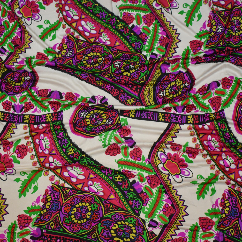 White--Multi Abstract Floral Border Print Stretch Silk Jersey Knit Fabric