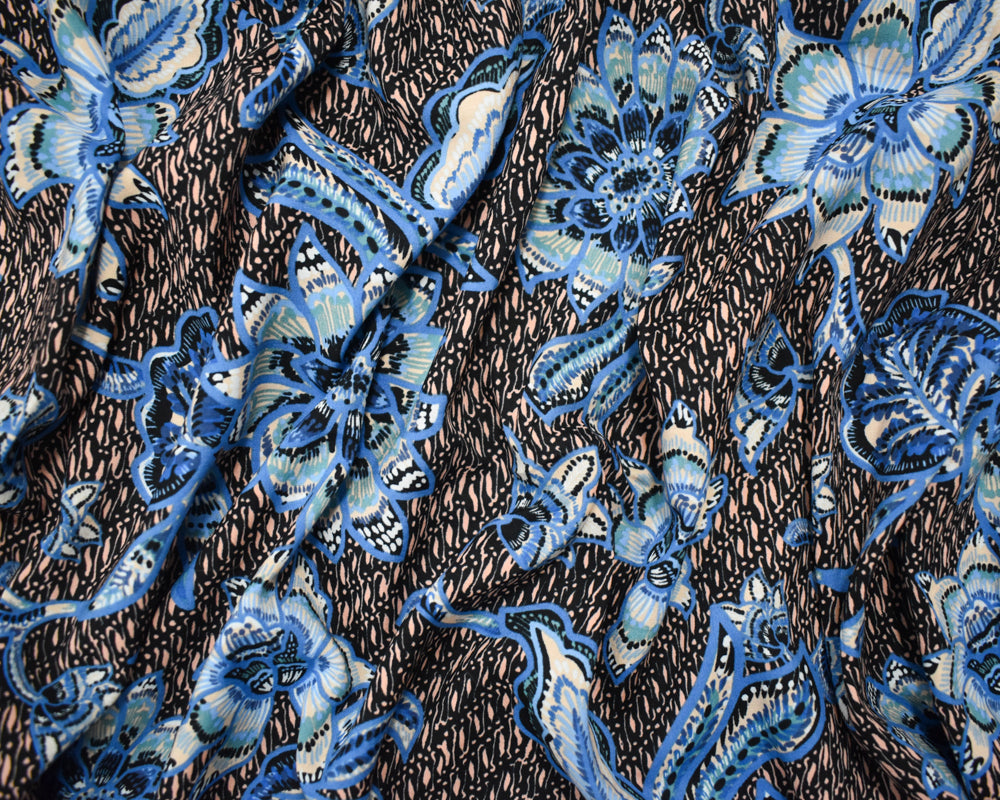 Blue-Peach-Multi Cotton-Rayon Floral Printed Lawn Woven Fabric