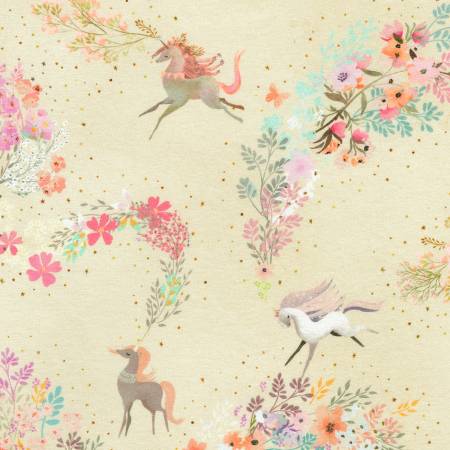 Robert Kaufman Unicorn Meadow Unicorns Cream quilting fabric — gentle unicorns on cream
