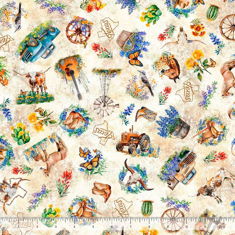 ATXSH Minky Texas Vignettes Toss Tan 44"/45" Fabric Per Yard