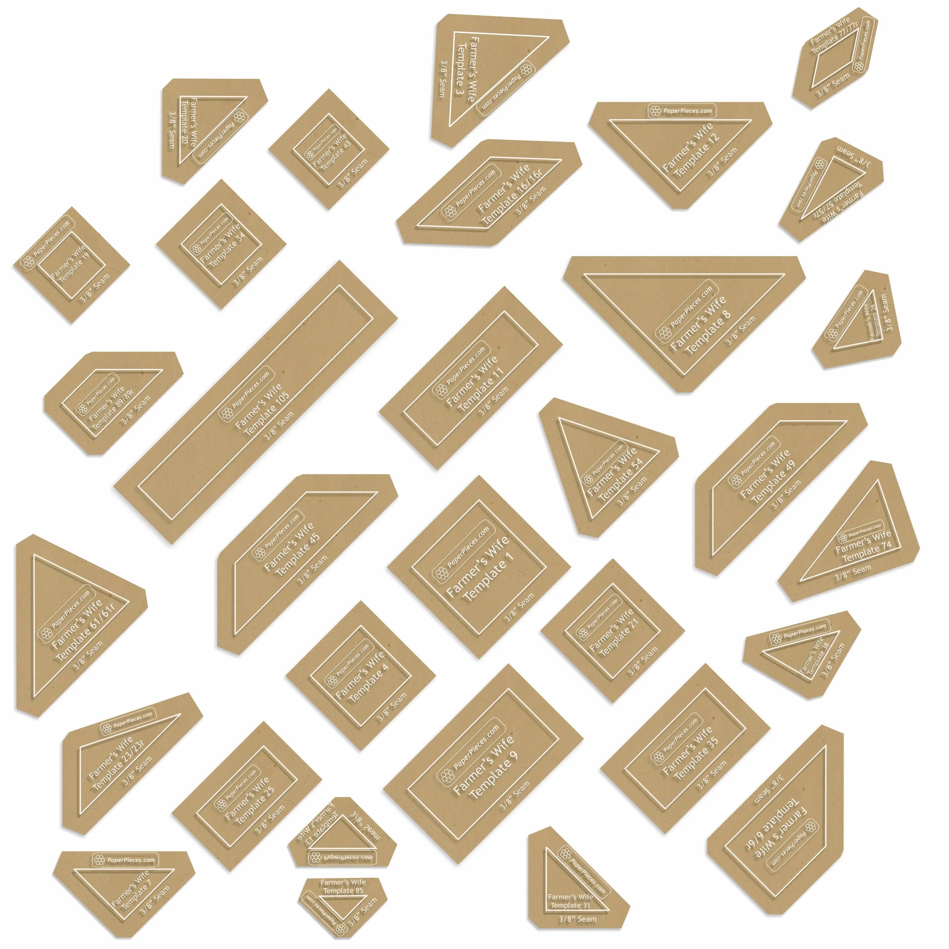 Acrylic Fabric Cutting Templates Farmers Wife with 3/8in Seam Allowance 32pc - Linda's Electric Quilters