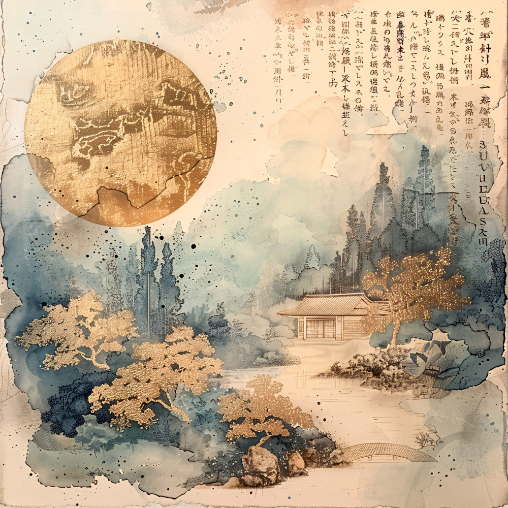 Asian Landscapes on Rice Paper Fabric Panel 18