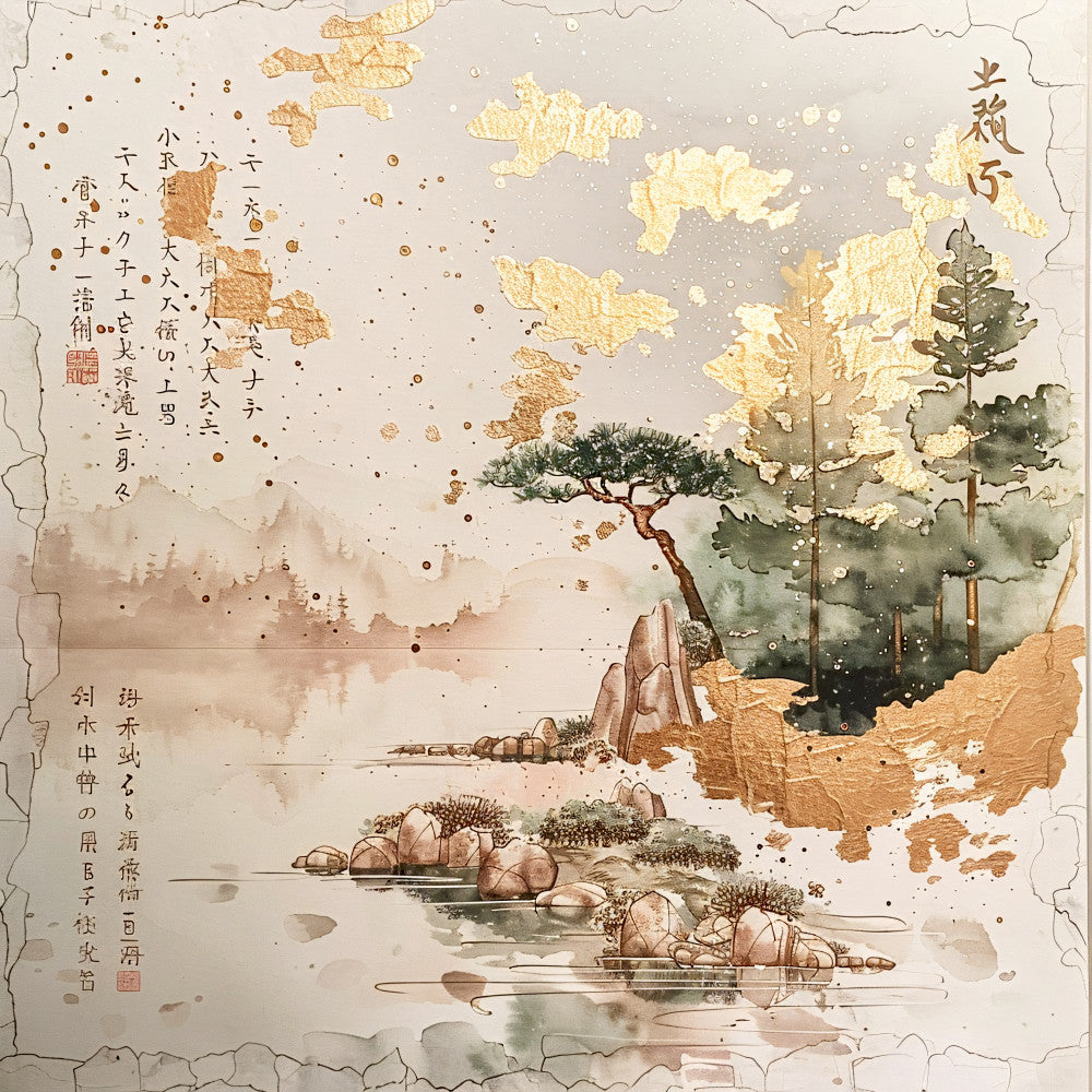 Asian Landscapes on Rice Paper Fabric Panel 2