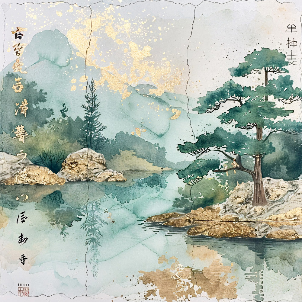 Asian Landscapes on Rice Paper Fabric Panel 9
