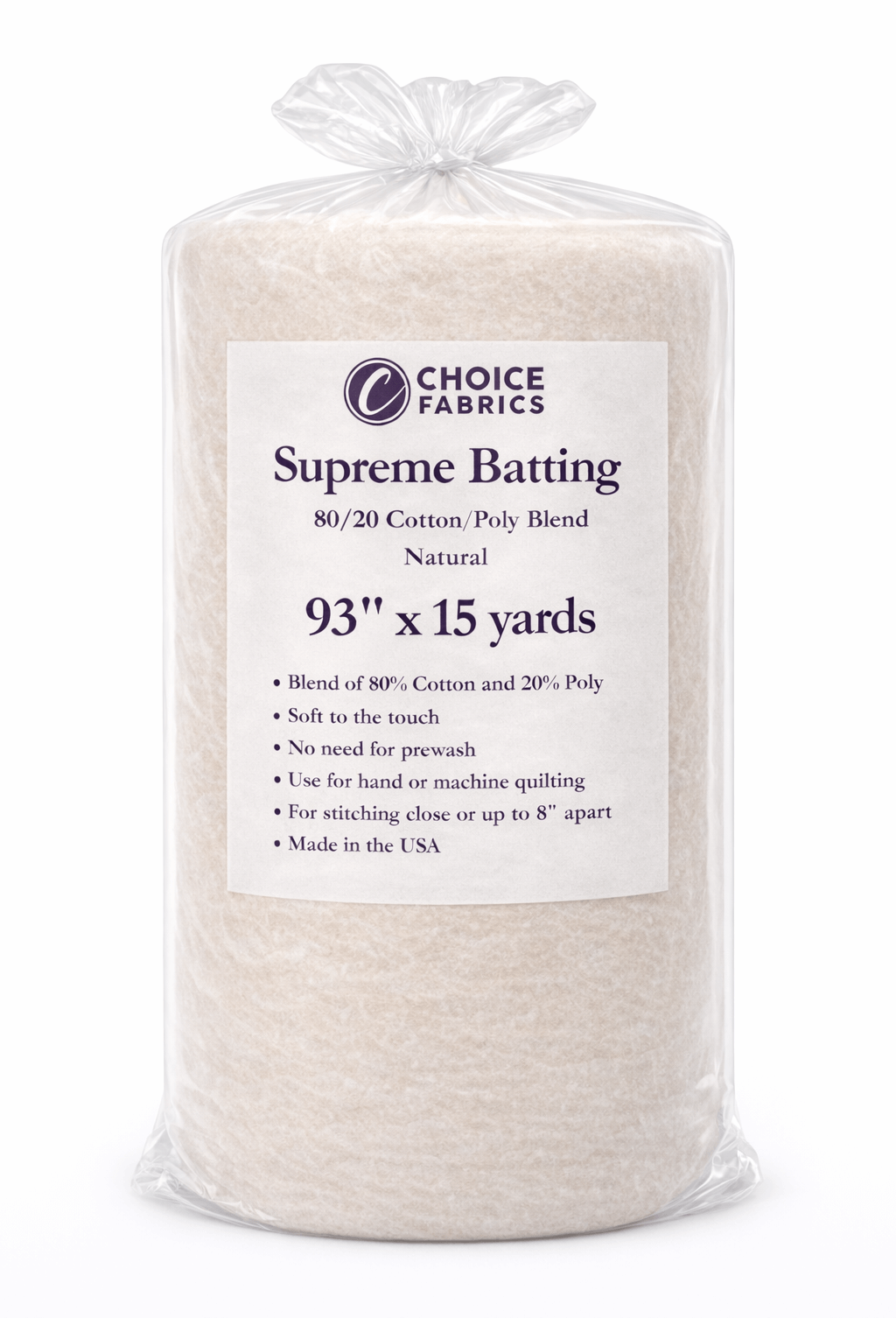 Choice Supreme Batting - 80/20 Cotton/Poly Blend - 15 Yard Roll (93" x 15yds)