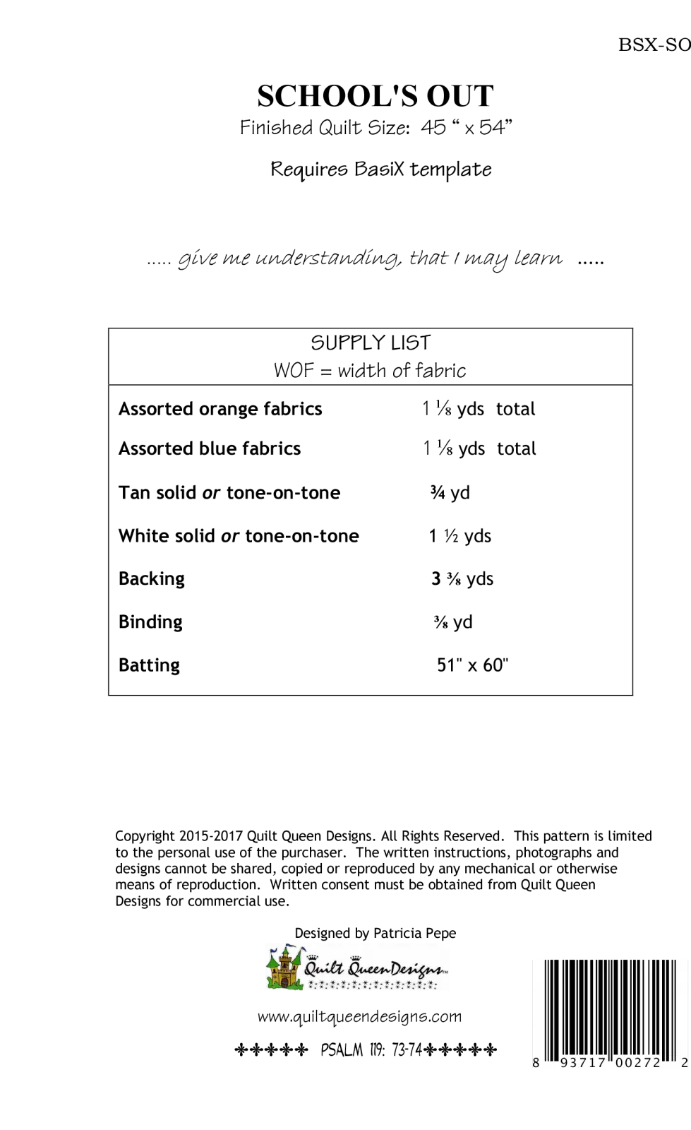 BasiX School's Out Pattern Cactus Queen Quilt Company