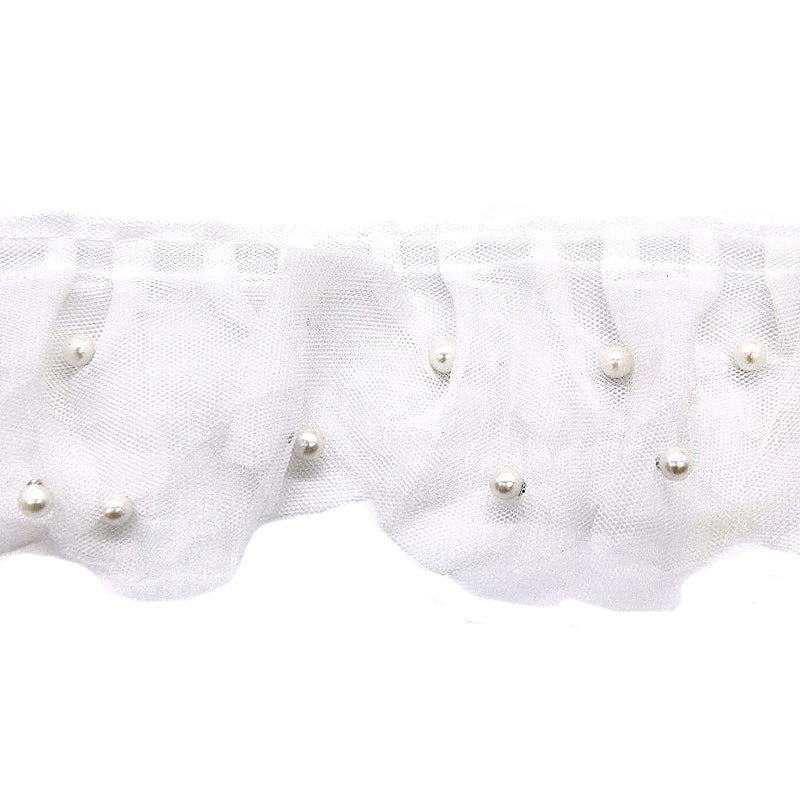 Belagio Enterprises - 3" Width Gathered Lace with Scattered Pearls (10 Yard Roll) - BTP-1800-27 White