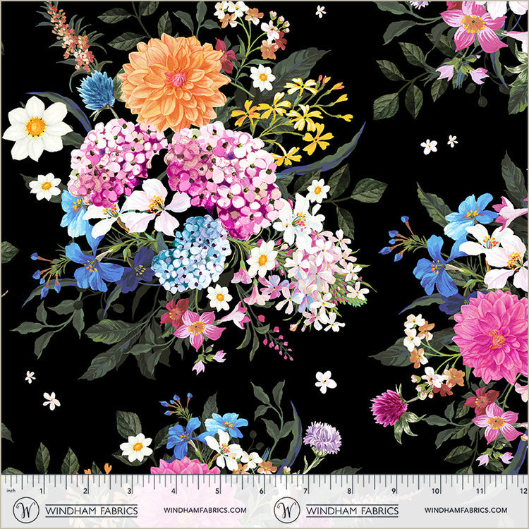 Black Bountiful Bouquets Midnight Blooms Cotton 44"/45" Fabric Per Yard