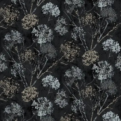 Black Charcoal Dandelion Stamp Cotton Wideback Fabric per yard