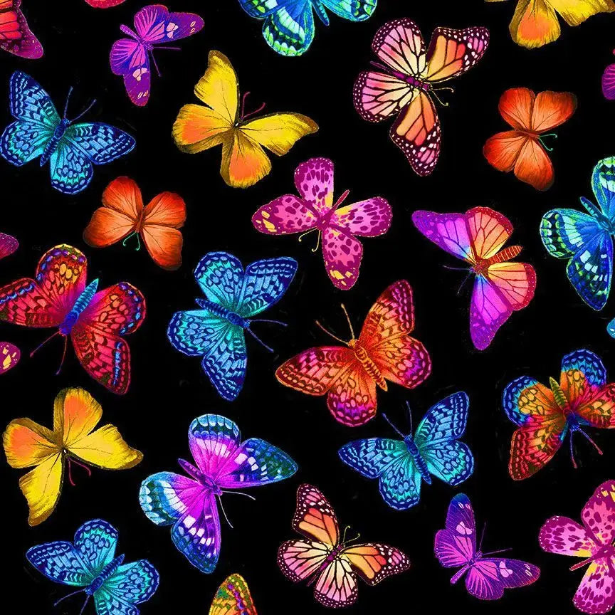 Black Multi Bright Butterlies Flying Bravo Cotton Wideback Fabric