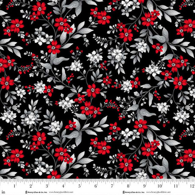 Black Red Floral Vine Scarlet's Treasure 44"/45" Cotton Fabric Per Yard