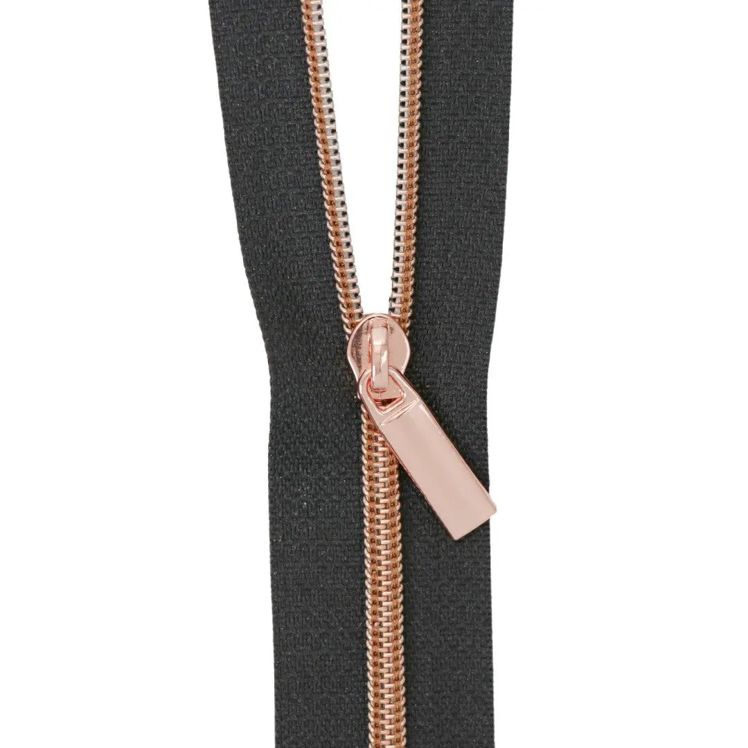 Black #3 Nylon Rose Gold Coil Zippers: 3 Yards with 9 Pulls - Linda's Electric Quilters