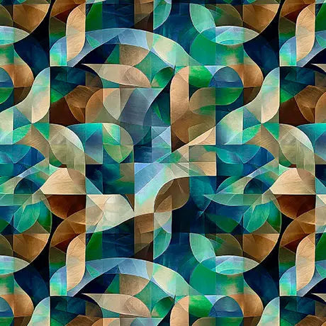 Blue Green Teal Kaleidoscope Geo Cotton Wideback Fabric - ( 1 1/2 Yard Pack )
