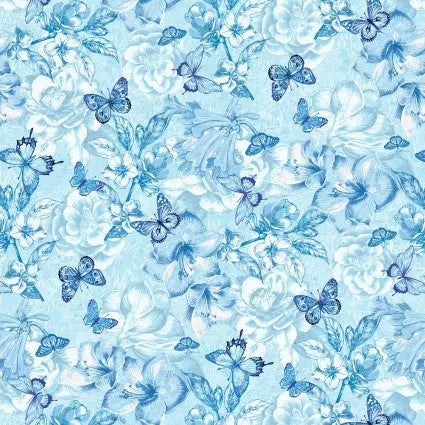 Blue Monotone Butterfly and Floral Cotton Wideback Fabric per yard - Linda's Electric Quilters